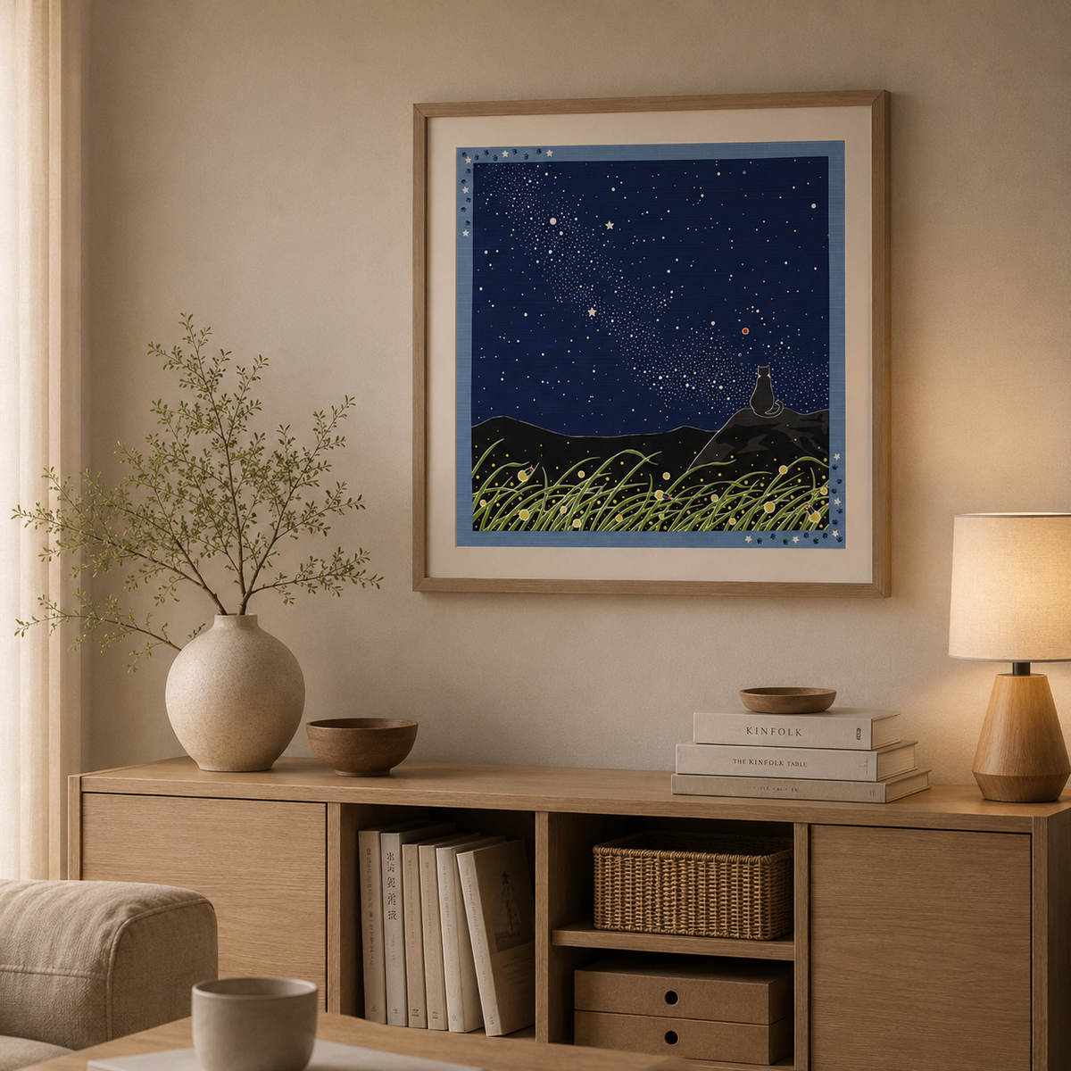 Furoshiki – Starry Night & Fireflies with Cat – 50cm – Japanese Wrapping Cloth