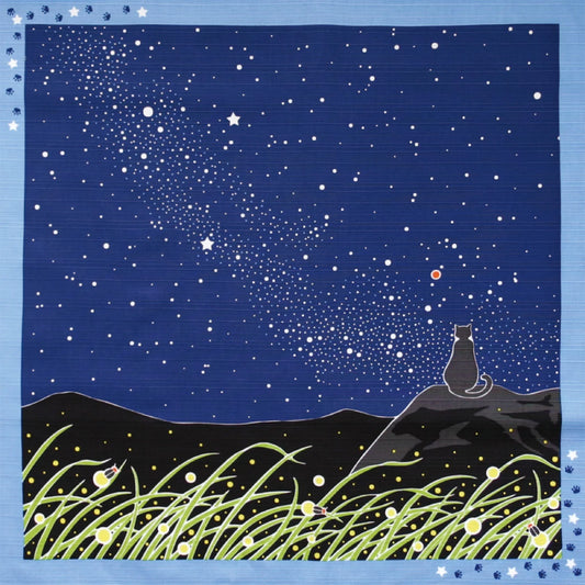 Furoshiki – Starry Night & Fireflies with Cat – 50cm – Japanese Wrapping Cloth