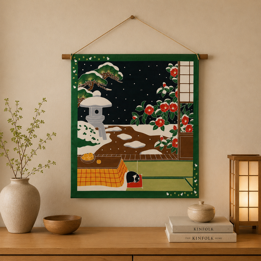 Furoshiki - Winter Garden & Kotatsu Cat – 50cm – Japanese Wrapping Cloth
