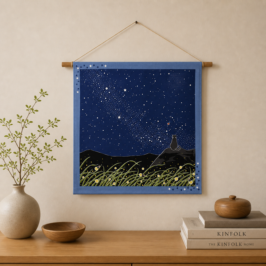 Furoshiki – Starry Night & Fireflies with Cat – 50cm – Japanese Wrapping Cloth