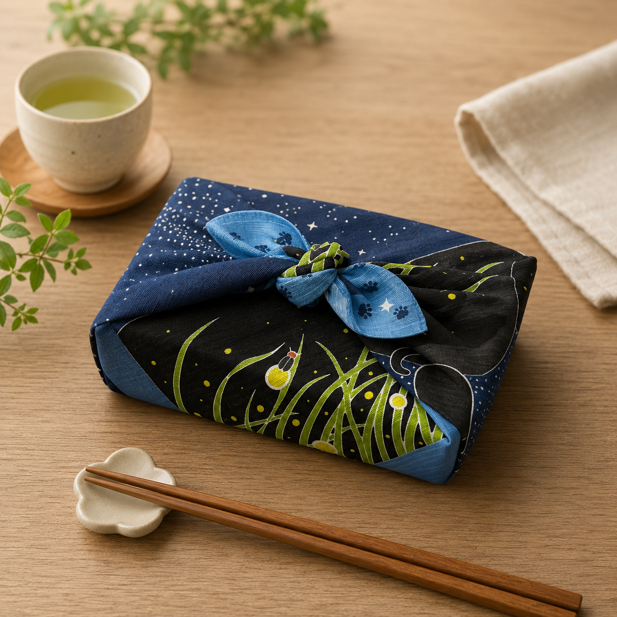 Furoshiki – Starry Night & Fireflies with Cat – 50cm – Japanese Wrapping Cloth