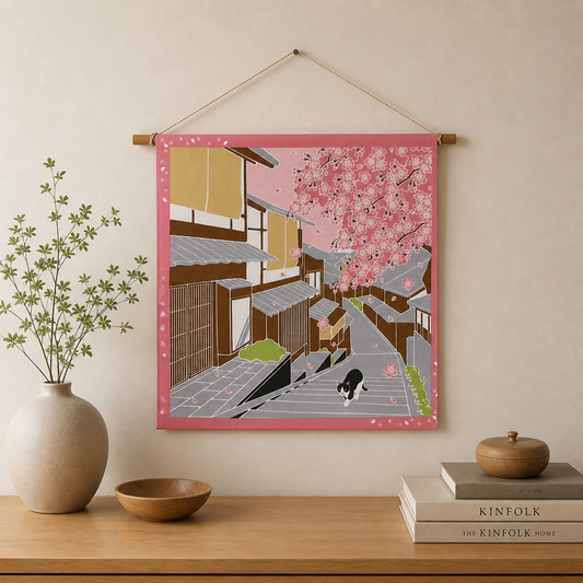 Furoshiki – Kyoto Street & Sakura with Cat – 50cm – Japanese Wrapping Cloth