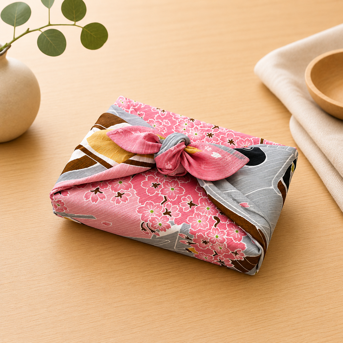 Furoshiki – Kyoto Street & Sakura with Cat – 50cm – Japanese Wrapping Cloth