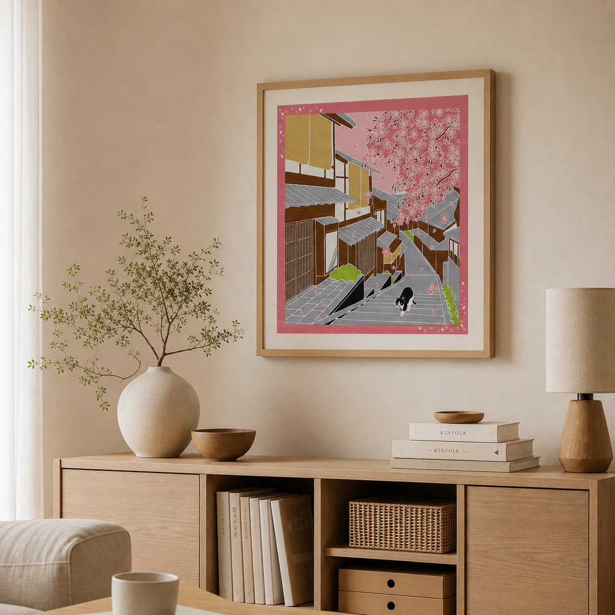Furoshiki – Kyoto Street & Sakura with Cat – 50cm – Japanese Wrapping Cloth