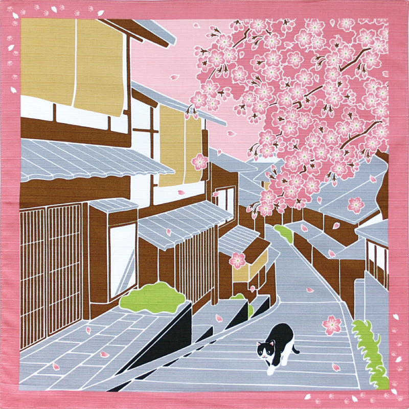 Furoshiki – Kyoto Street & Sakura with Cat – 50cm – Japanese Wrapping Cloth