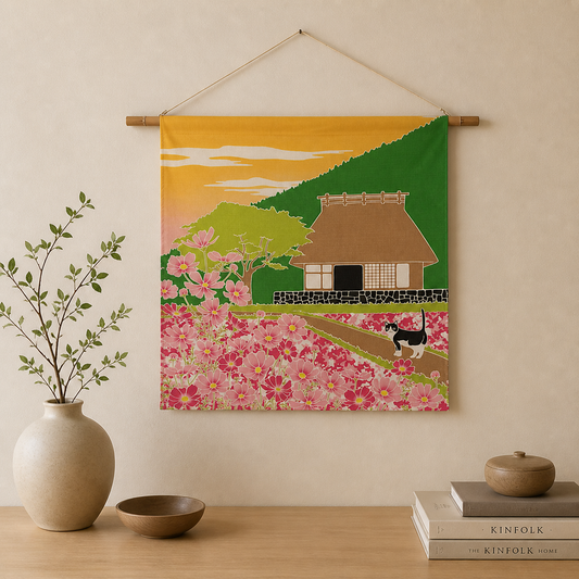 Furoshiki – Countryside House & Cosmos Flowers with Cat – 50cm – Japanese Wrapping Cloth