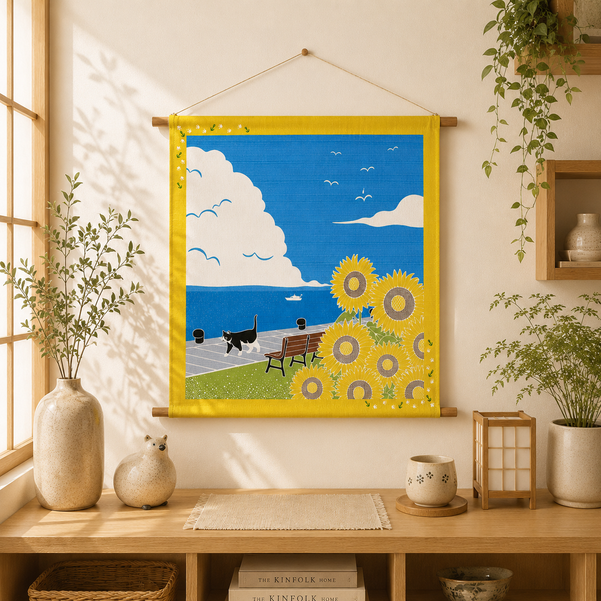 Furoshiki – Seaside Sunflowers & Cat – 50cm – Japanese Wrapping Cloth