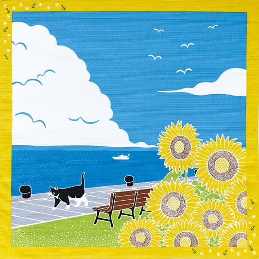 Furoshiki – Seaside Sunflowers & Cat – 50cm – Japanese Wrapping Cloth