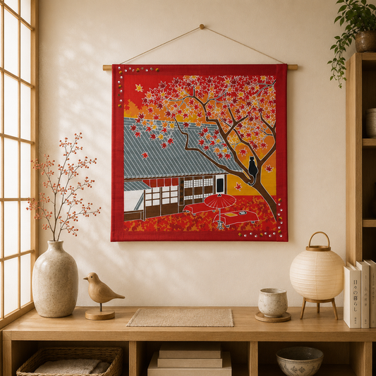 Furoshiki – Autumn Momiji & Tea House with Cat – 50cm – Japanese Wrapping Cloth