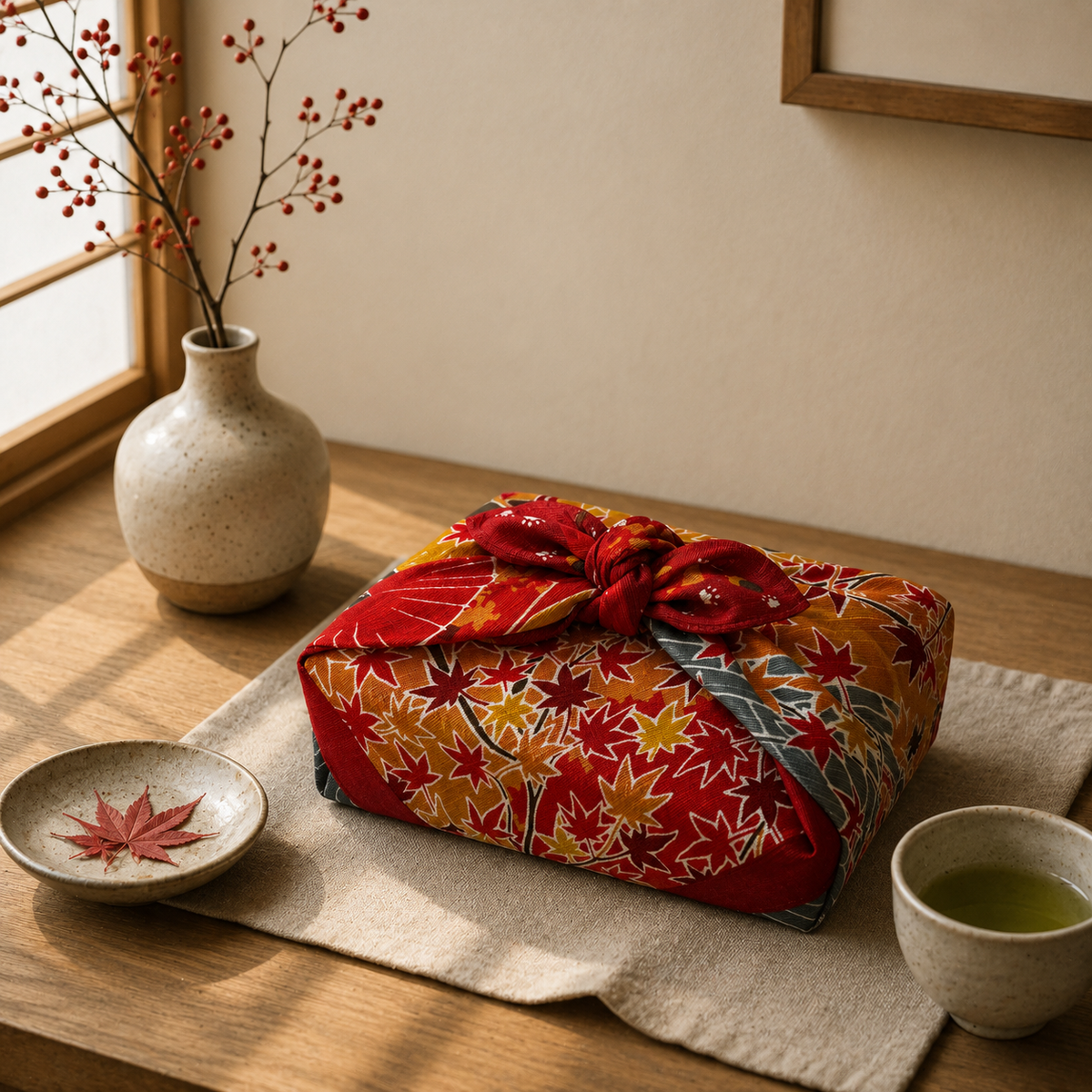 Furoshiki – Autumn Momiji & Tea House with Cat – 50cm – Japanese Wrapping Cloth