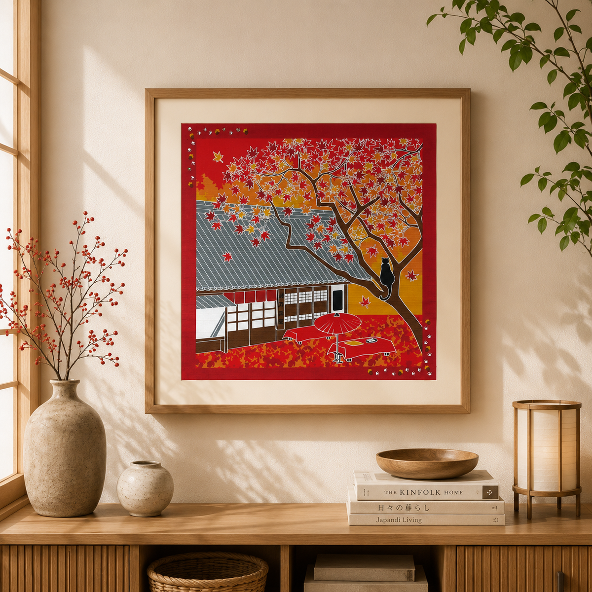 Furoshiki – Autumn Momiji & Tea House with Cat – 50cm – Japanese Wrapping Cloth