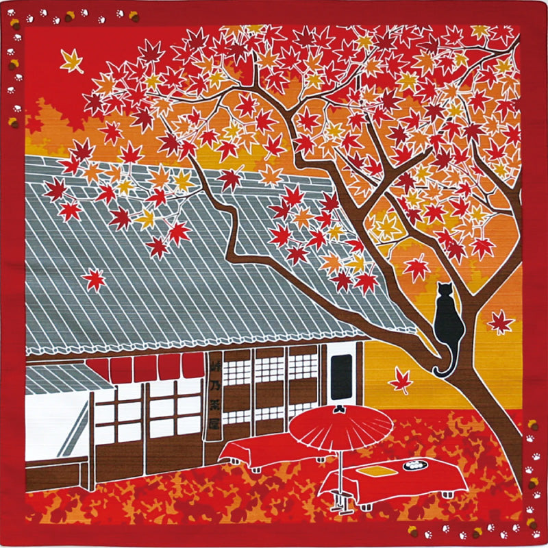 Furoshiki – Autumn Momiji & Tea House with Cat – 50cm – Japanese Wrapping Cloth